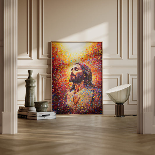 Christ with eyes closed, embodying deep inner calm and quiet strength. Layered oils and acrylics create depth and age, while radiant light softly diffuses through the figure, recalling traditional iconography in a contemporary impressionistic style.