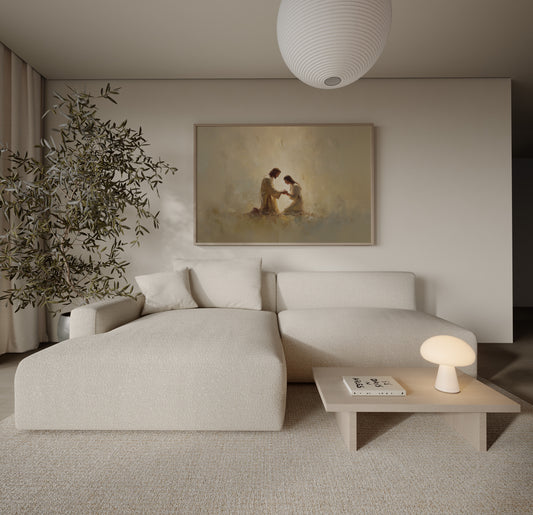 Ethereal impressionist artwork of Christ healing a woman, with soft light emanating from their hands, minimal background, and a warm, tonal palette.