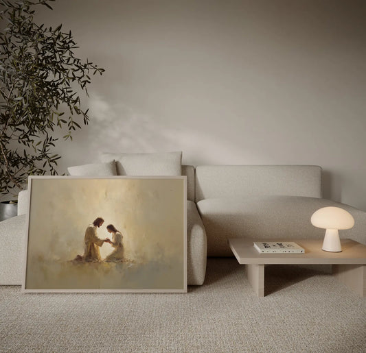Horizontal Jesus art print in living room next to a large sofa, peaceful religious landscape decor