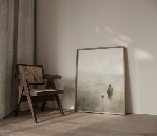 Spiritual minimalist artwork of Christ as the shepherd, walking with a lamb and leaving the 99, rendered in muted creams and taupes with soft, ethereal lighting.