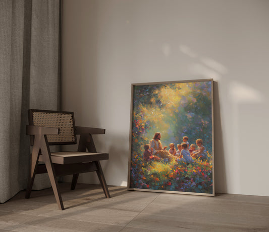 Spiritual impressionist artwork of Christ teaching children, with thick textured paint, glowing sunlight filtering through foliage, and a colorful, ethereal setting.