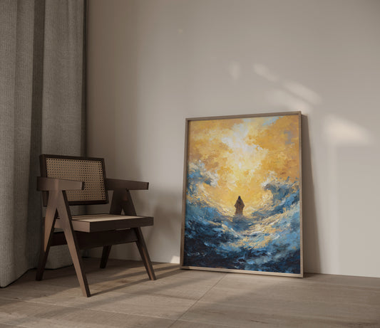 Sacred Christian artwork depicting Christ walking on water, painted with thick impasto texture, high-contrast light, and an ethereal spiritual atmosphere.