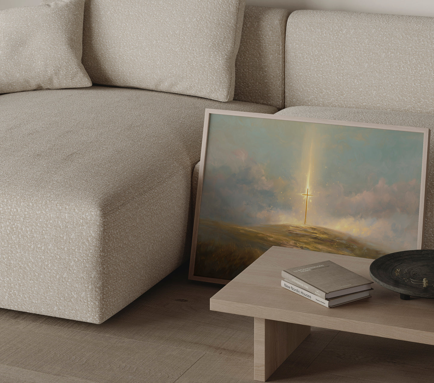 Ethereal tonalist painting of the Christian cross, with soft-focus textures, muted teals and golds, and luminous spiritual glow in the surrounding sky.