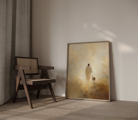 Detailed view of brushwork on a contemporary Jesus art piece showing a lamb and savior