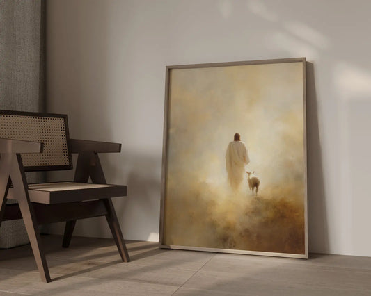 The Good Shepherd rescuing the lost sheep, biblical art print for home sanctuary.