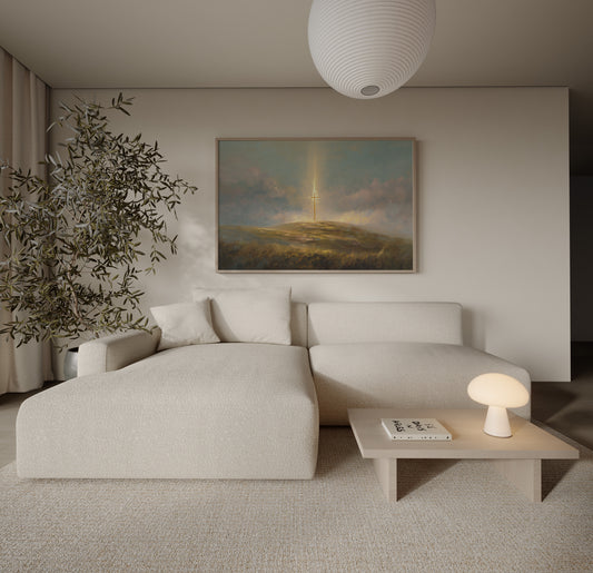 Modern Christian impressionist painting of a cross on a hill, with muted creams and golds, soft textures, and serene, heavenly atmosphere.