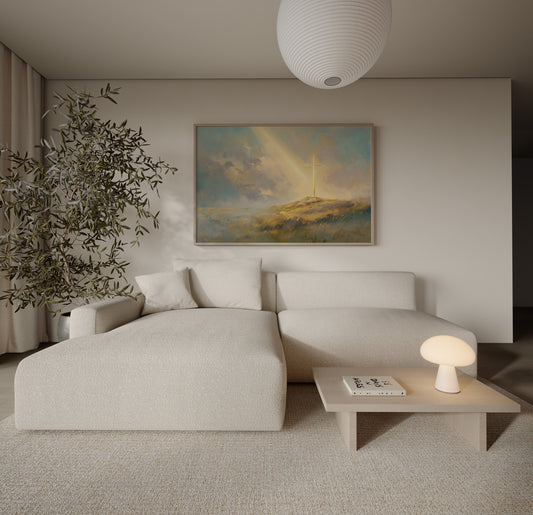Modern ethereal Christian painting of a cross on a hill, with warm neutral colors, soft impressionist brushstrokes, and luminous spiritual light.