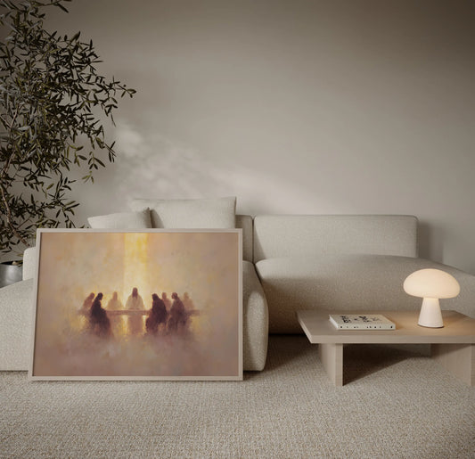 Framed panoramic Last Supper painting with Jesus and twelve disciples displayed in a modern neutral living room