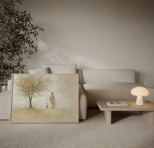 Spiritual impressionist artwork of Jesus leaving the 99 sheep, highlighting the shepherd’s love with muted warm tones and soft luminous brushwork.