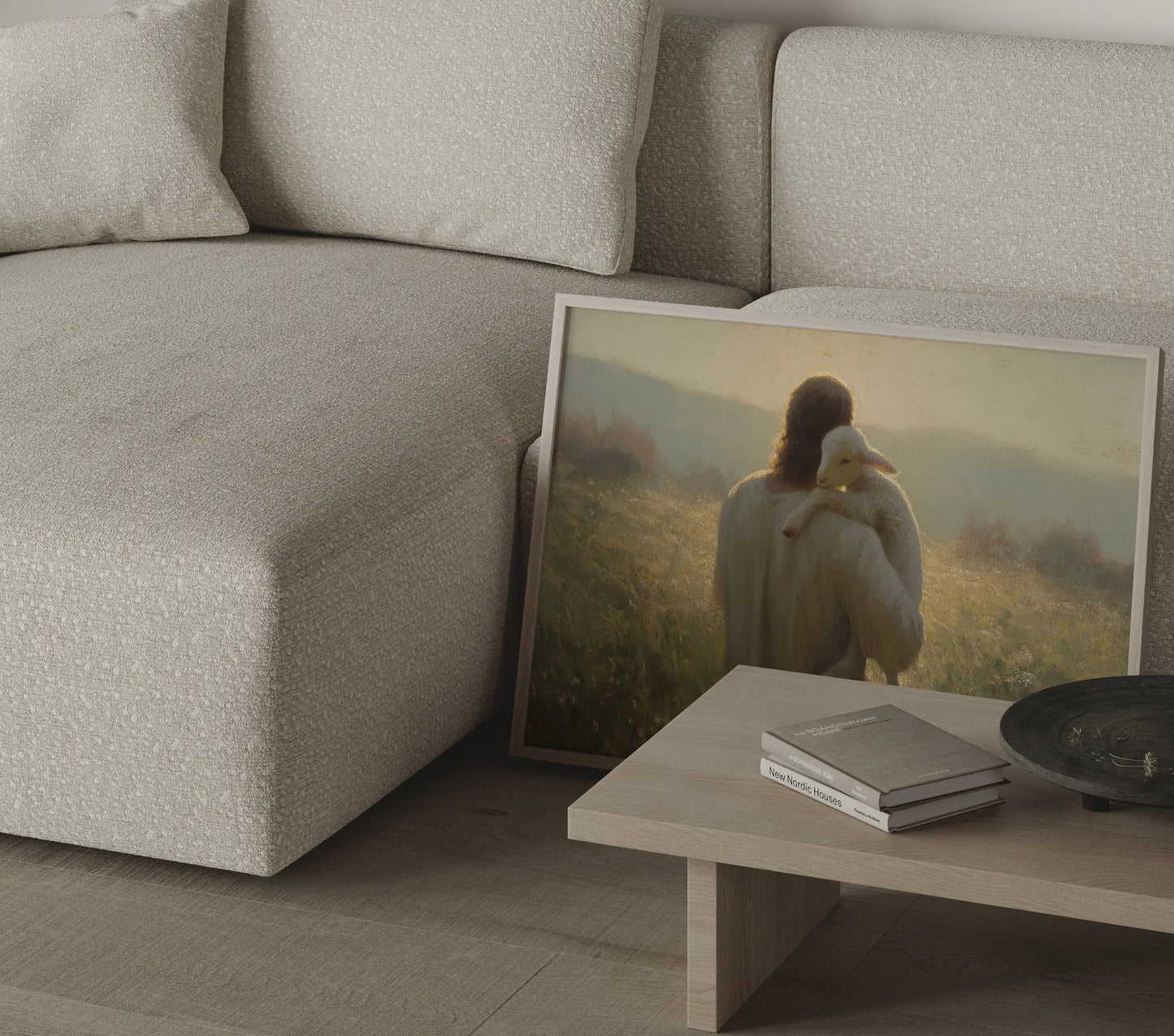 Carried Home Jesus carrying lamb golden meadow Christian art print in a Scandinavian home with white walls and warm natural textures – JesusArtworks