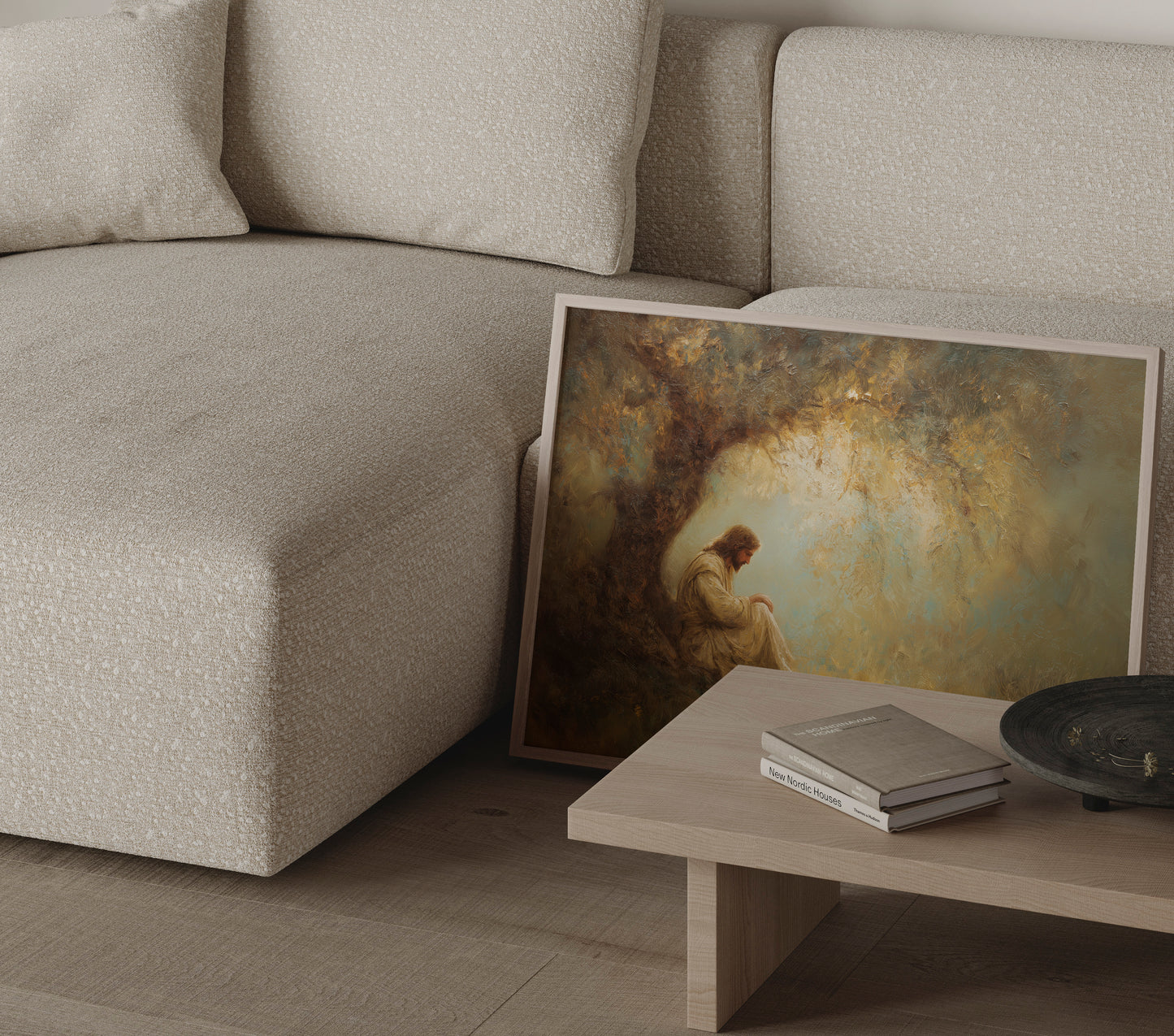 Impressionist Christian art showing Jesus in meditation under a tree, with muted earth tones and an ethereal, tranquil atmosphere.