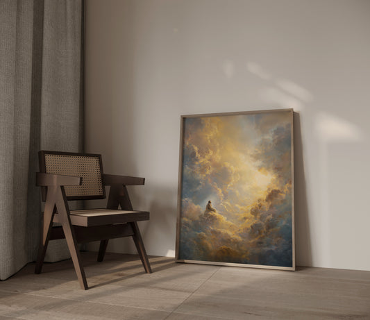 Modern faith artwork depicting Jesus sitting on a cloud in heaven, using soft-focus impressionism, warm creams, and a dreamlike spiritual setting.