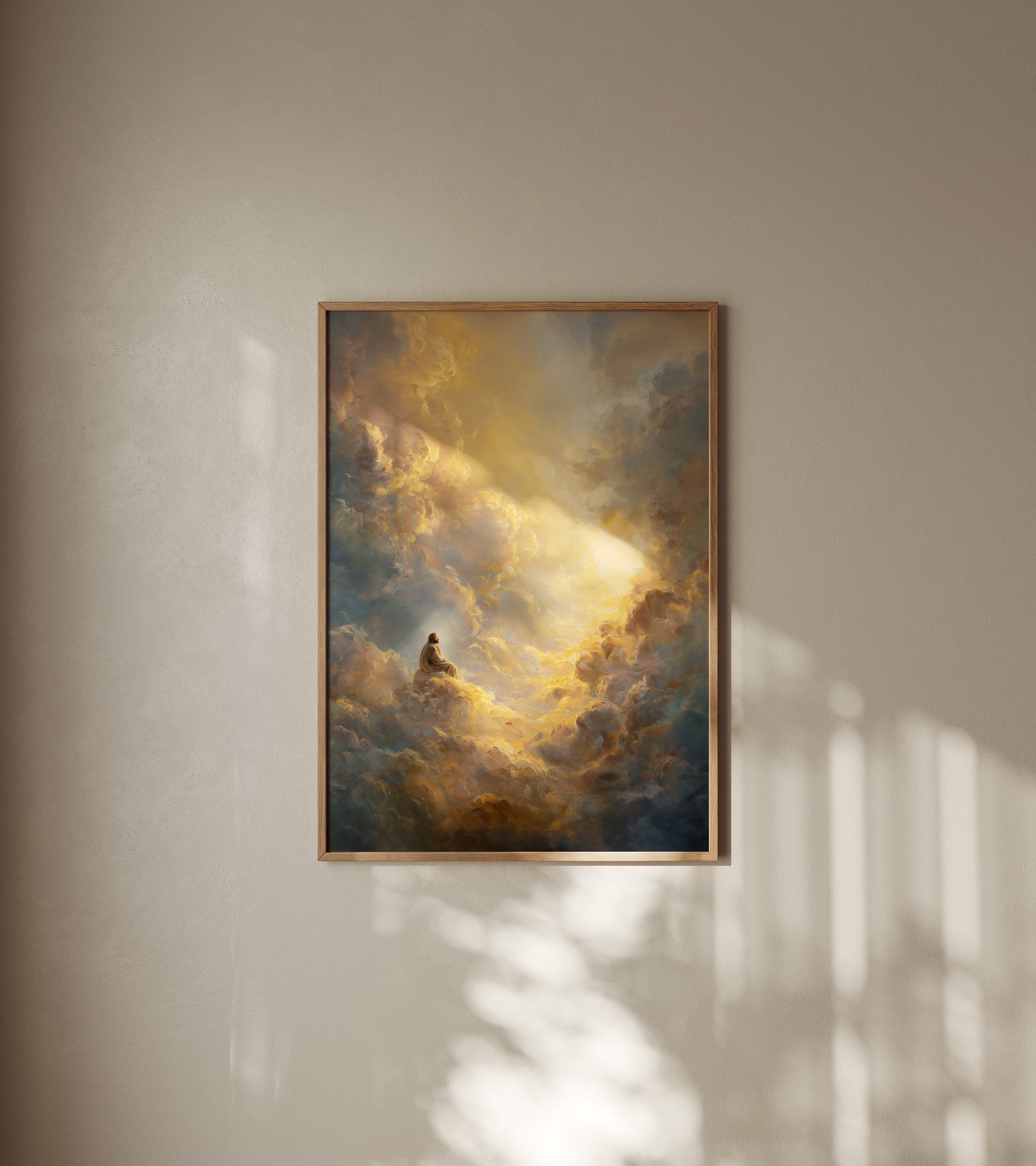 Modern spiritual portrait of Jesus resting on a cloud in heaven, painted with muted golds, gentle light, and a serene, otherworldly presence.