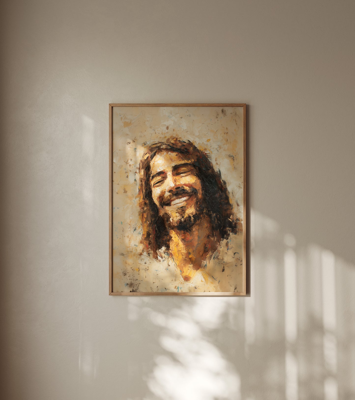 Christian wall art featuring a joyful portrait of Jesus, rendered in a painterly, modern style that highlights warmth, happiness, and spiritual light.