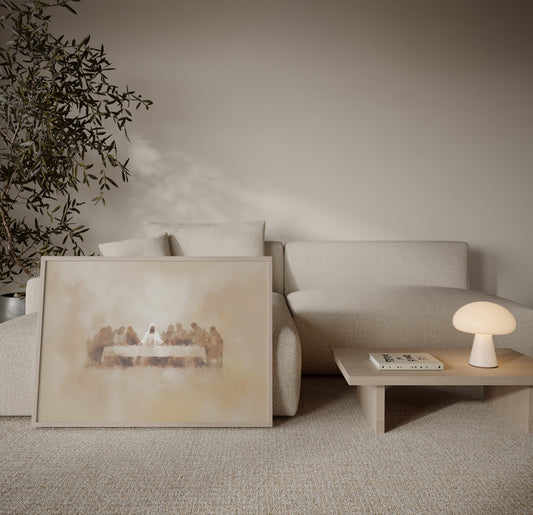 Spiritual impressionist artwork depicting Jesus during the Last Supper, with blurred edges, radiant light, and a peaceful, contemplative atmosphere.