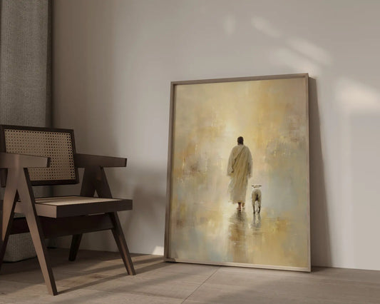 Detailed brushwork view of a warm amber-toned Jesus painting, showing high-quality oil texture