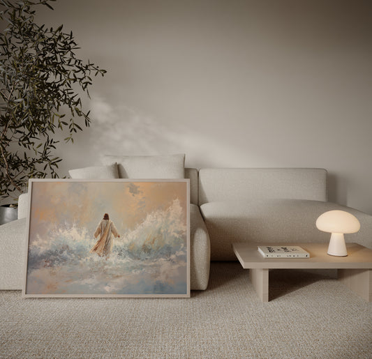 Modern spiritual painting of Jesus walking on water, featuring impressionist brushstrokes, muted tonal palette, and luminous divine light.