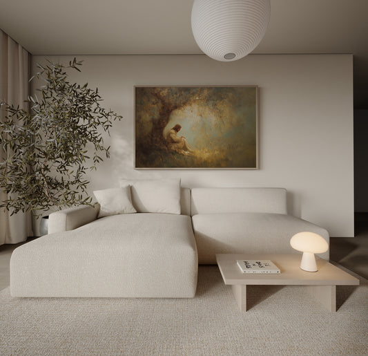 Modern tonal painting of Jesus in prayer beneath a tree, highlighting solitude, nature, and reflective light in a spiritual setting.