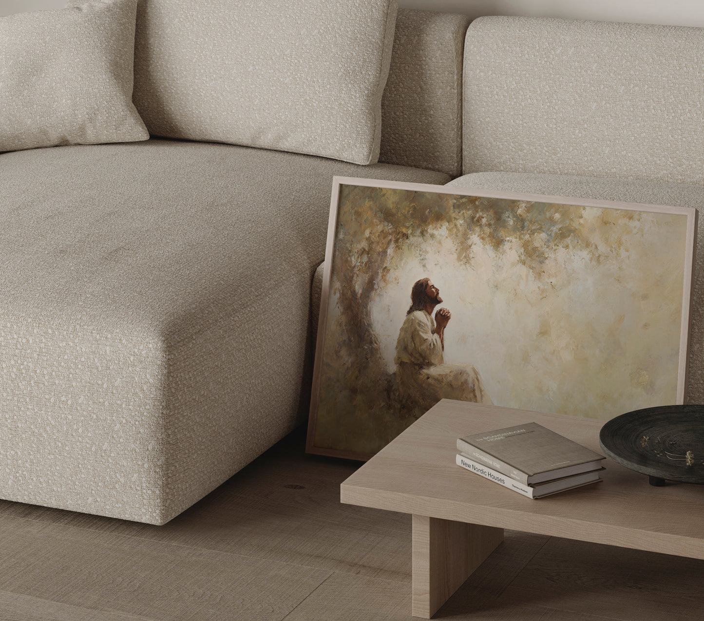 Jesus praying beneath a shaded tree in a modern Christian painting, with soft brushstrokes and warm, peaceful tones.