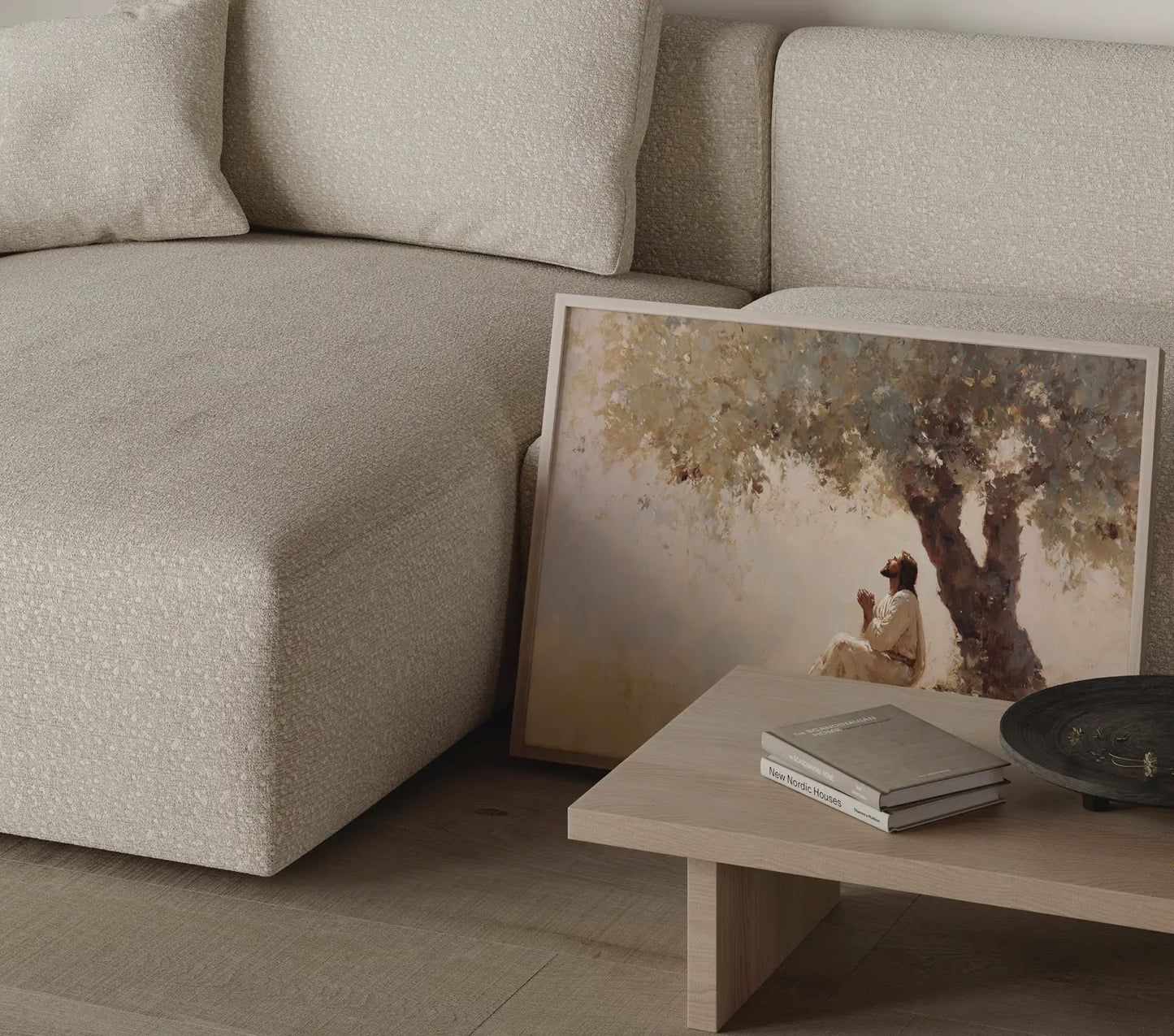 The Quiet Prayer art print showing Jesus in quiet meditation beneath sheltering tree branches – christian prayer wall art