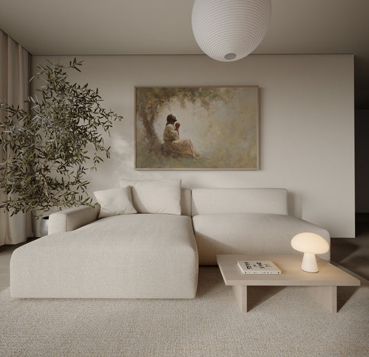 Jesus praying beneath a tree in soft, golden light, illustrated in a modern Christian wall art style with a calm, reverent mood.