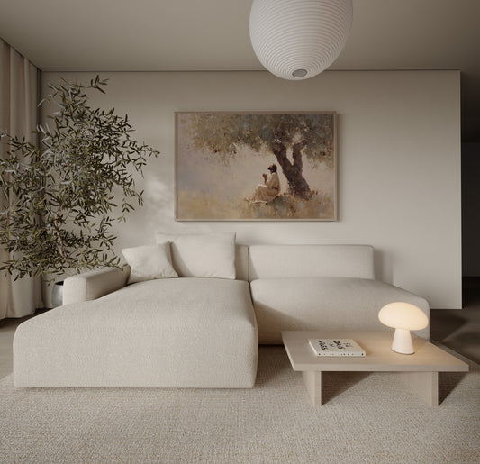 Jesus sitting under a tree in prayer, depicted in a peaceful Christian wall art painting with soft light and a contemplative mood.