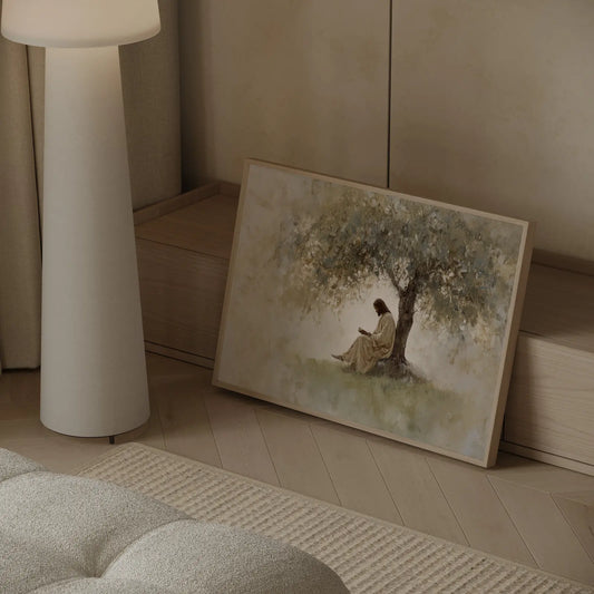 Serene Jesus sitting beneath golden tree reading book biblical meditation scene