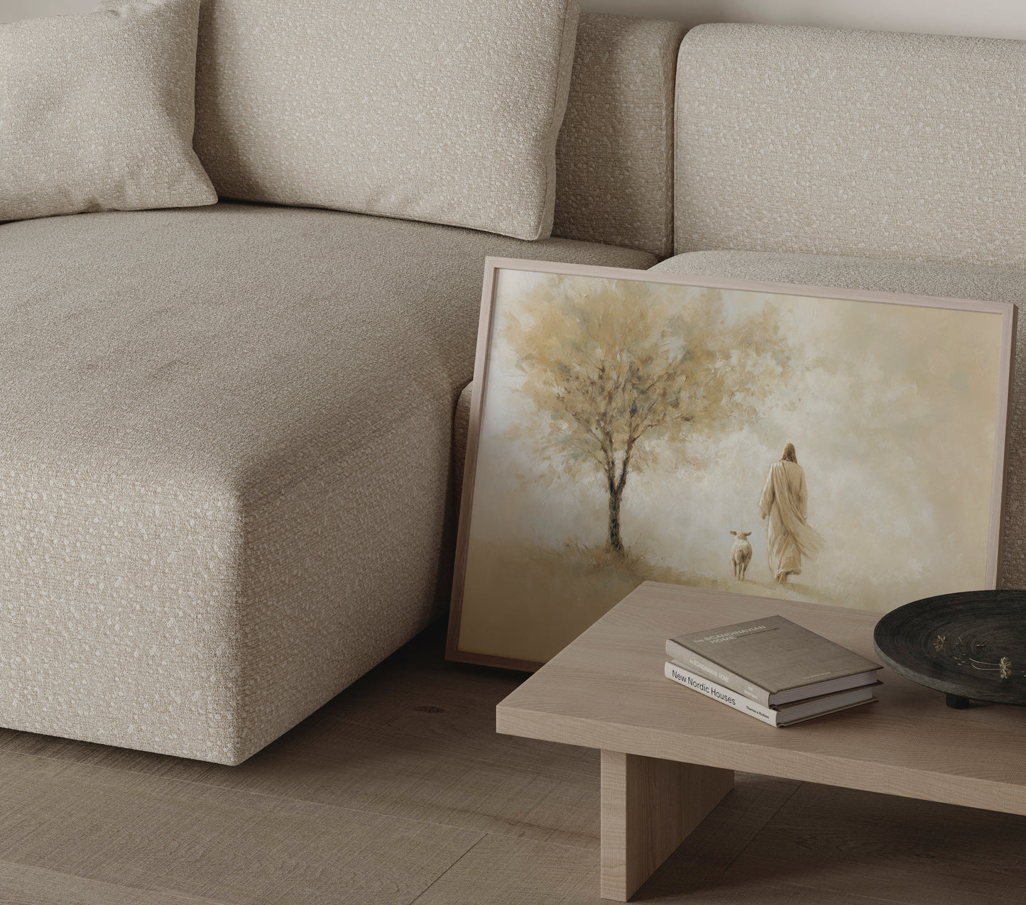 Modern Christian impressionist artwork of Jesus as the shepherd leaving the 99 sheep, featuring soft warm tones, impressionist brushwork, and serene divine light.