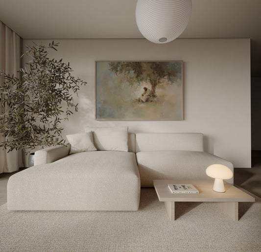 Jesus engaged in spiritual reflection beneath a tree, painted with muted earth tones and a serene, contemplative atmosphere.