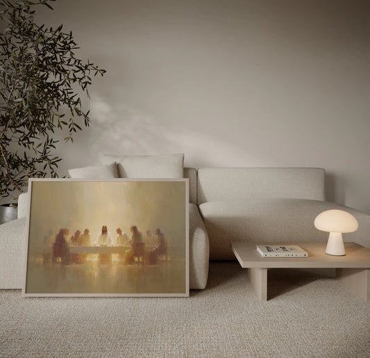 Framed Last Supper painting with divine golden light displayed in a neutral minimalist living room – Christian wall art