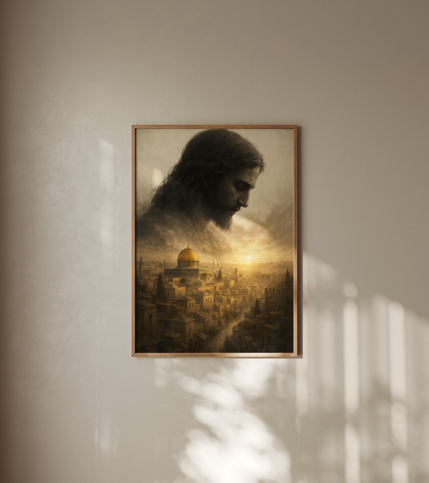 Contemporary Christian painting of Jesus looking over Jerusalem, with soft, hazy brushwork, golden light, and a contemplative, spiritual atmosphere.