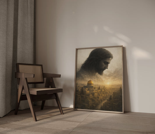 Symbolic Christian artwork showing Jesus gazing over Jerusalem, with textured brushstrokes, soft light, and a divine, serene atmosphere.
