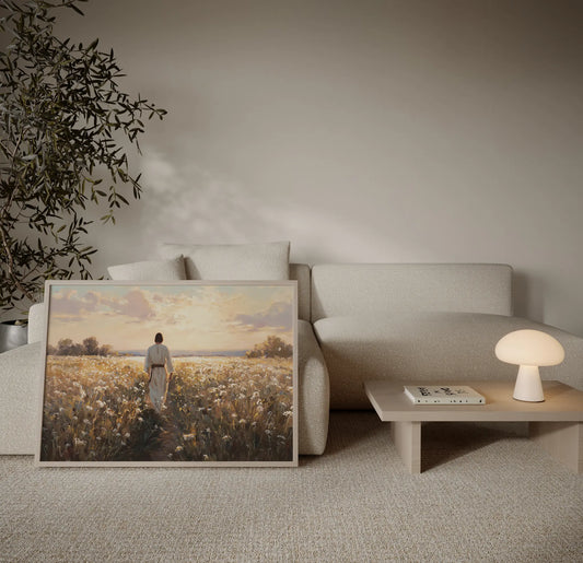 Jesus walking through red poppies and white flowers in ethereal golden light art print in a warm neutral living room – Christian home decor by JesusArtworks