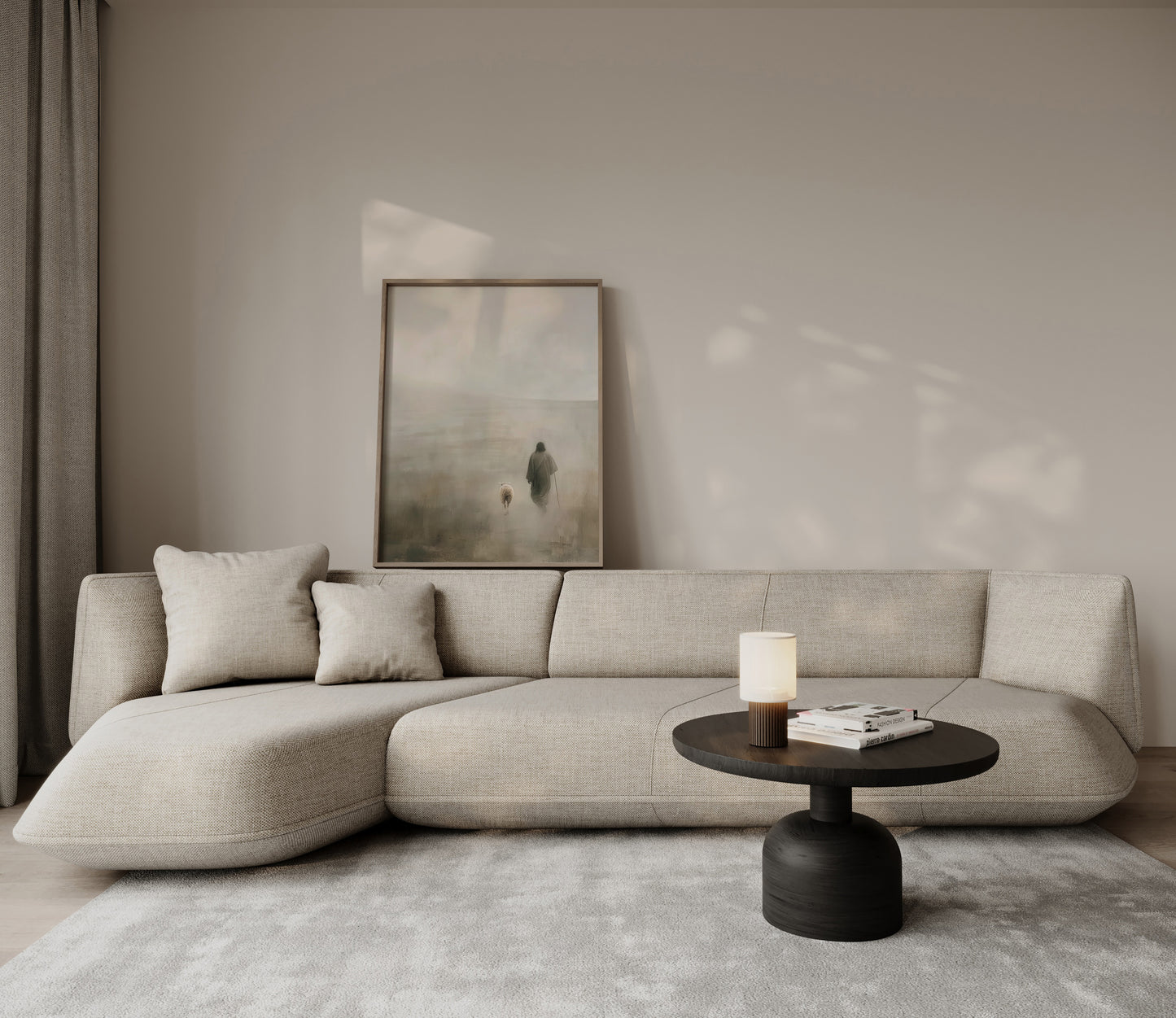 Sacred minimalist artwork of Jesus walking with a lamb, leaving the 99, featuring muted creams and beiges, soft impressionist texture, and a peaceful spiritual presence.