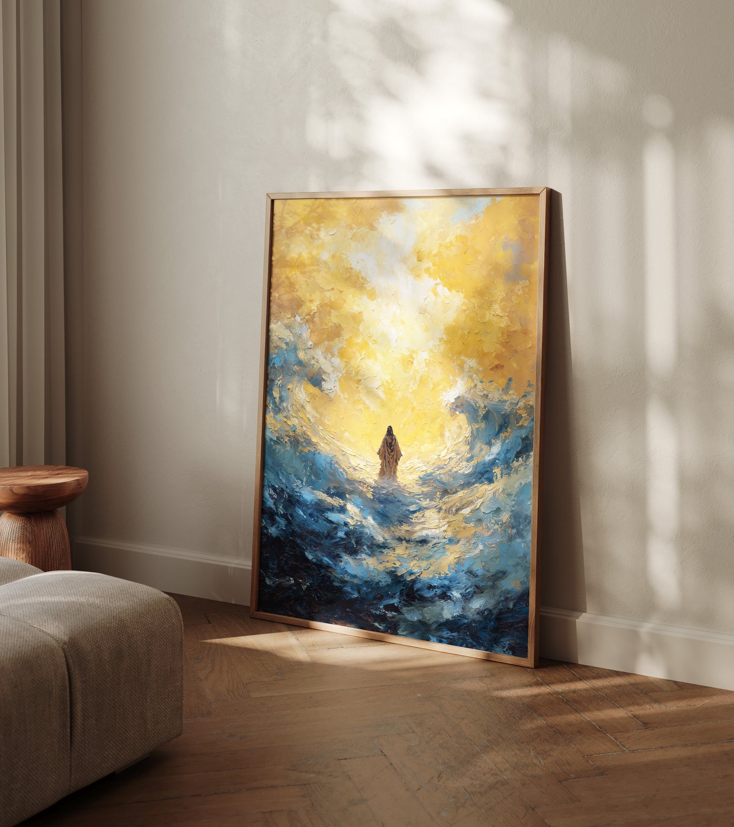 Modern Christian painting of Jesus walking on water, featuring bold impasto texture, abstract stormy waves, and radiant divine light breaking through darkness.