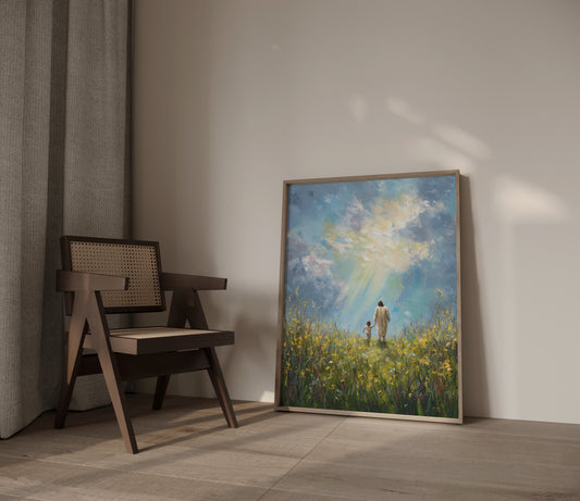Spiritual impressionist artwork depicting Jesus walking beside a child holding hands, with soft brushwork, radiant light, and a peaceful, loving mood.