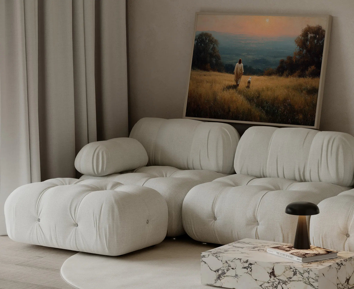 The One He Came For Jesus and lamb art print in a thin wood frame in a warm living room – Christian wall decor by JesusArtworks