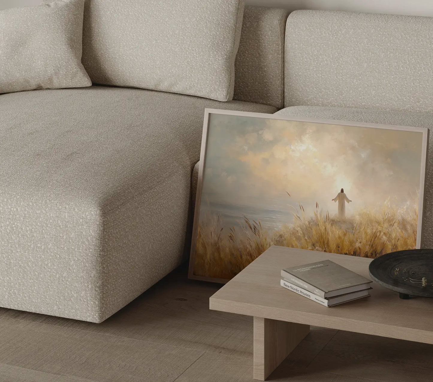 The Blessing framed Christian art print of Jesus with outstretched arms in a golden wheat field by the ocean displayed as modern wall decor