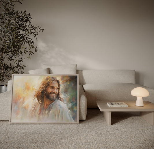A joyful and vibrant watercolor painting of a smiling Jesus, radiating hope and light