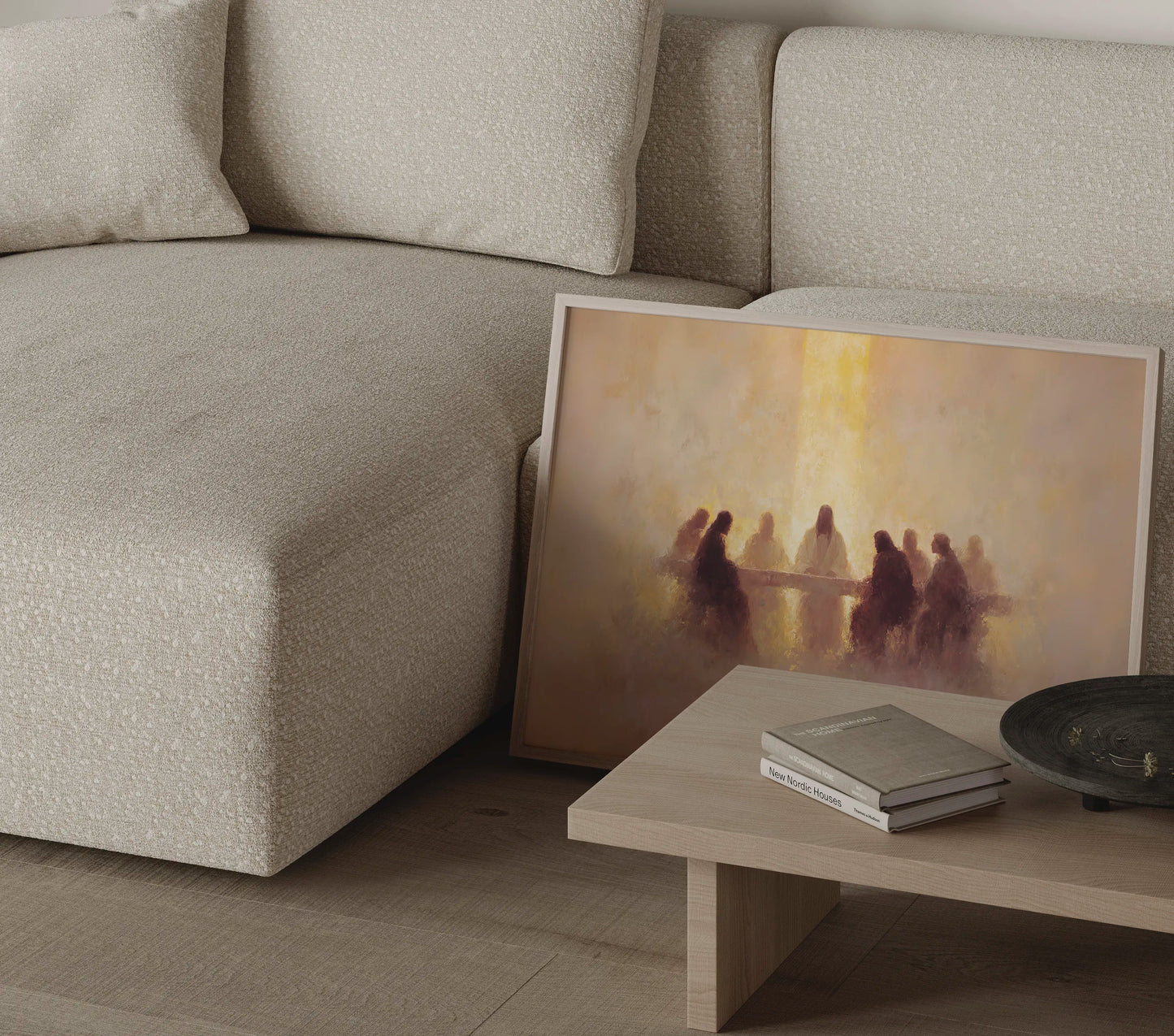 Jesus and twelve apostles Last Supper Christian wall art print beside a round side table in a contemporary home