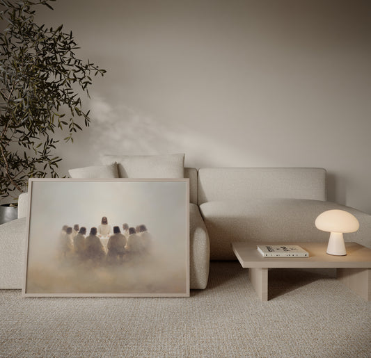 Minimalist spiritual artwork depicting the Last Supper, with simplified details, warm tonal colors, and a calm, reverent atmosphere.