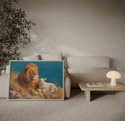 Lion of Judah and lamb ocean cliff art print in a bold modern living room with – Revelation 5 Christian wall art by JesusArtworks