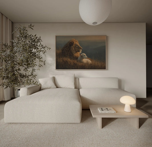 Lion and lamb golden hour biblical art print displayed above a sofa in a warm neutral living room – Christian home decor by JesusArtworks