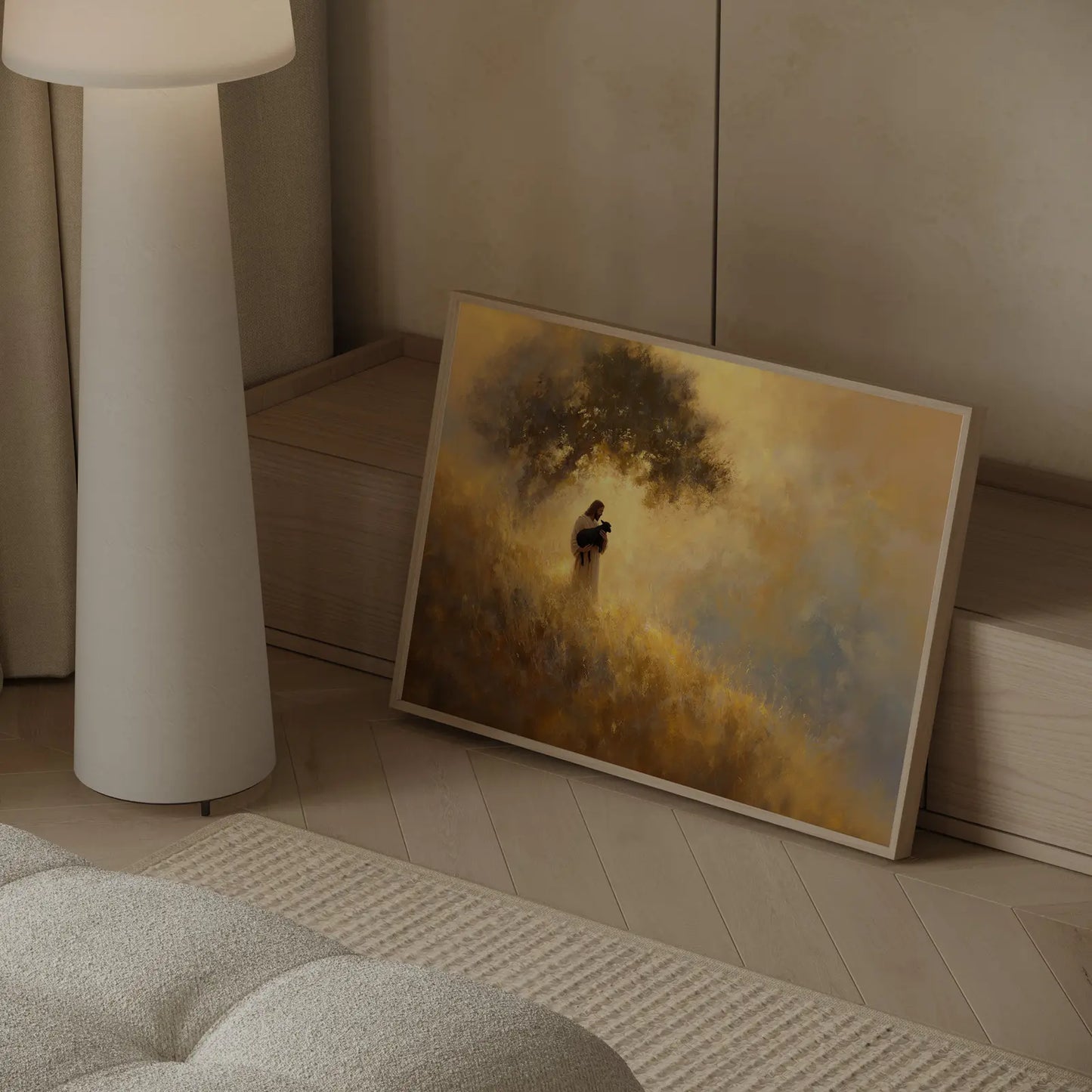 The Found One framed Good Shepherd art print of Jesus with a black lamb displayed as modern Christian wall decor