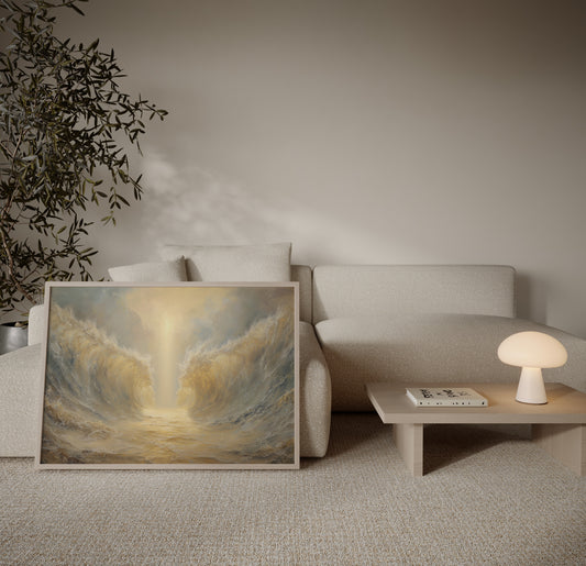 Modern painting of Moses parting the Red Sea miracle, impressionist brushwork, soft tonal palette, and ethereal spiritual light emphasizing divine presence.