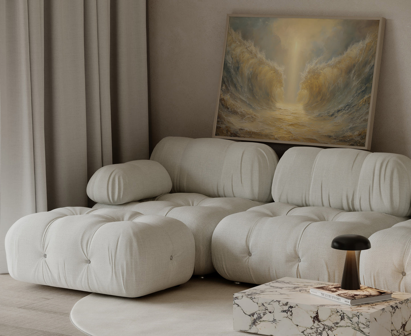 Ethereal modern Christian painting of Moses at the Red Sea, with impressionist brushwork, warm muted colors, and glowing spiritual illumination.