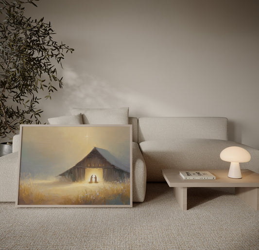 Contemporary spiritual artwork of baby Jesus with Mary and Joseph in a barn, soft impressionist brushwork, warm neutral colors, and glowing divine light.