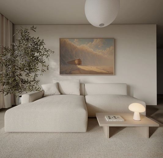 Framed painting of Noah's Ark with a massive wave rising behind it displayed in a neutral minimalist living room