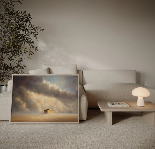 Framed painting of Noah's Ark beneath dramatic storm clouds and lightning displayed in a neutral minimalist living room