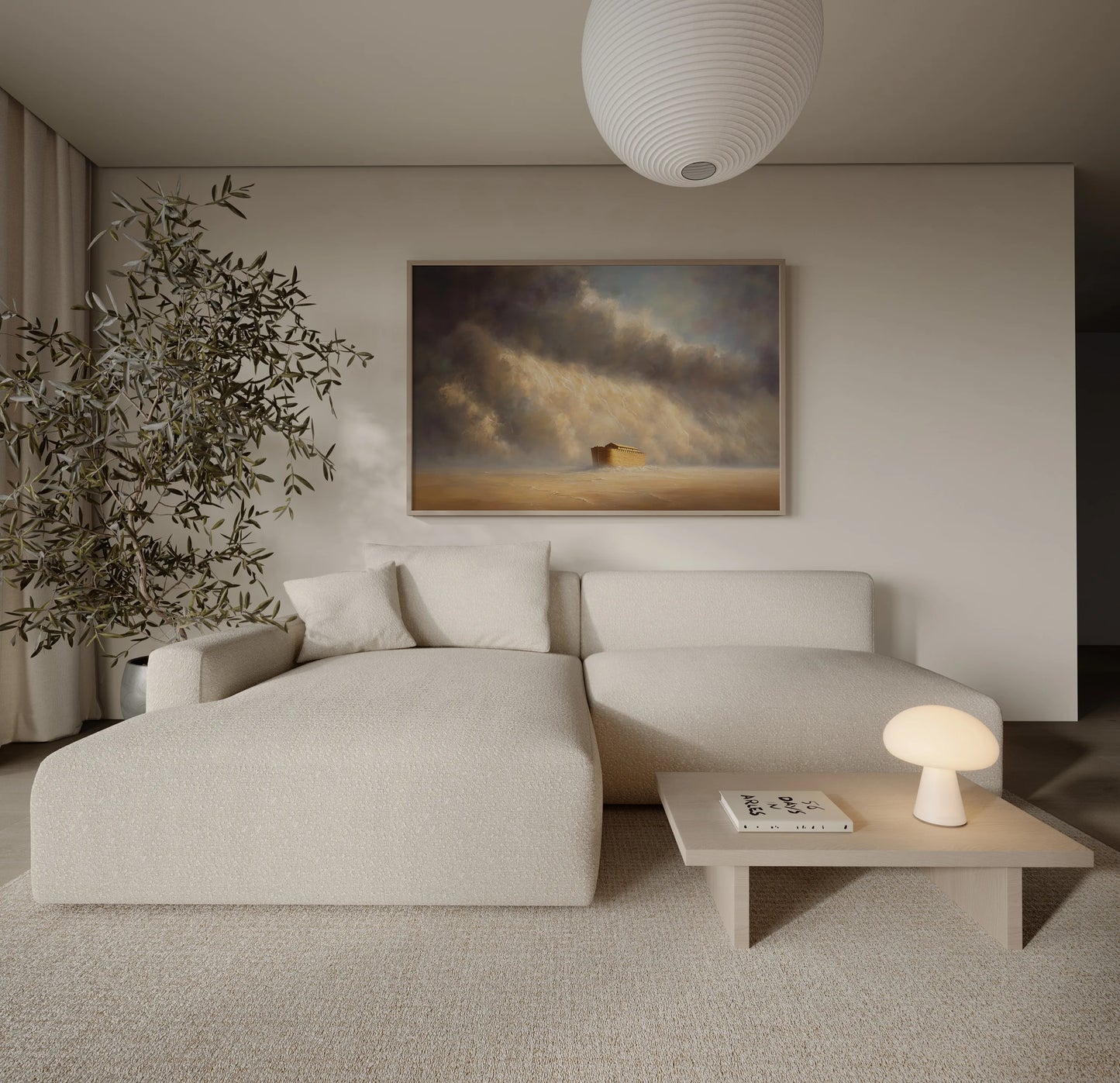 Noah's Ark storm clouds wall art print in a thin frame in a modern neutral living room setting – JesusArtworks